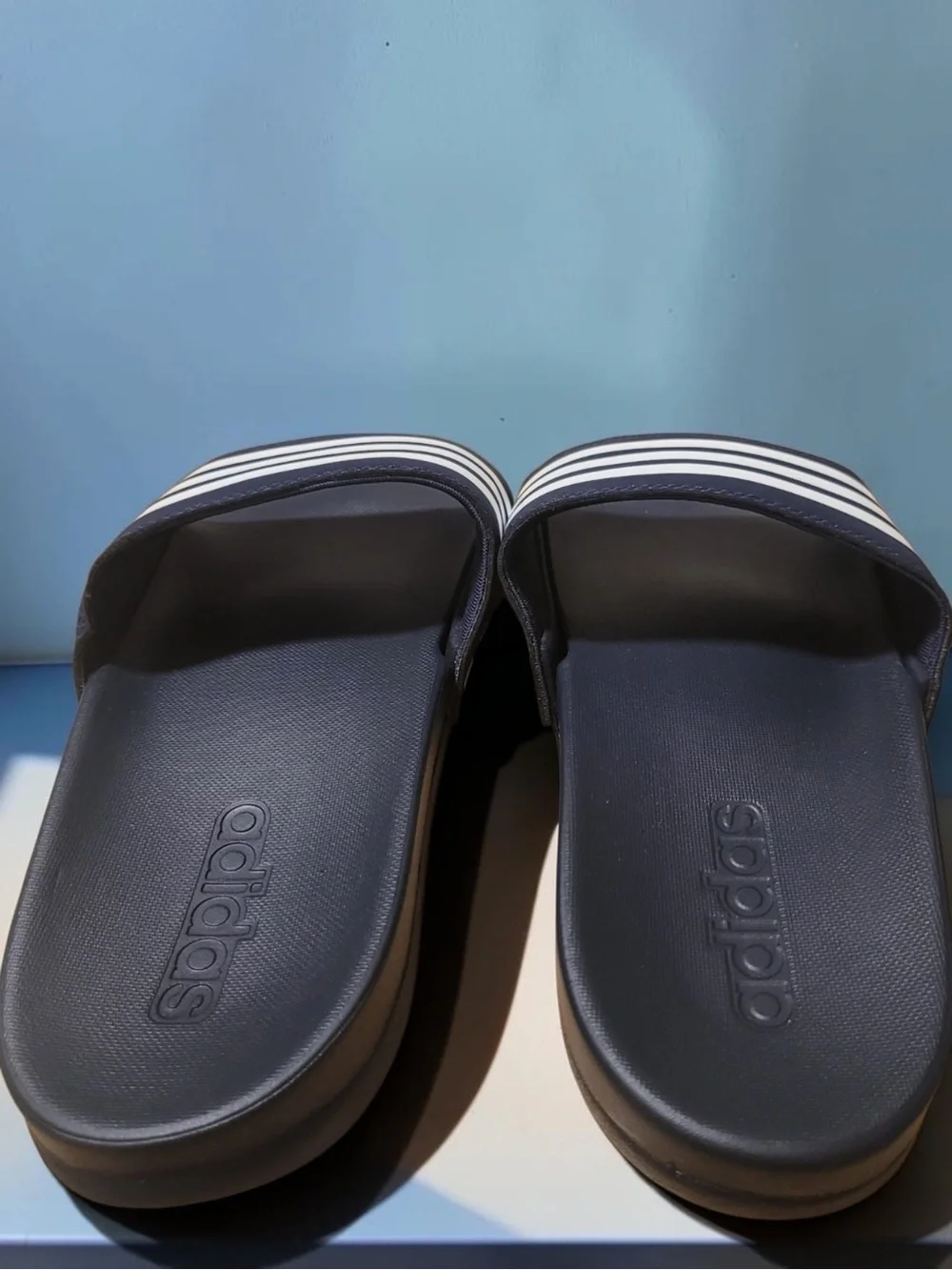 adidas Men's Blue Slide Sandal with White Stripes - Casual Pool/Beach Slide